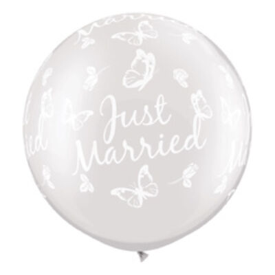 Léggömb - latex 30 inch-es Just Married Butterflies-A-Round Pearl White