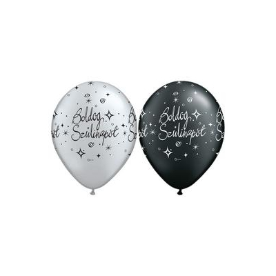 11 inch-es Boldog szülinapot feliratú, ezüst és fekete színű gumi lufi